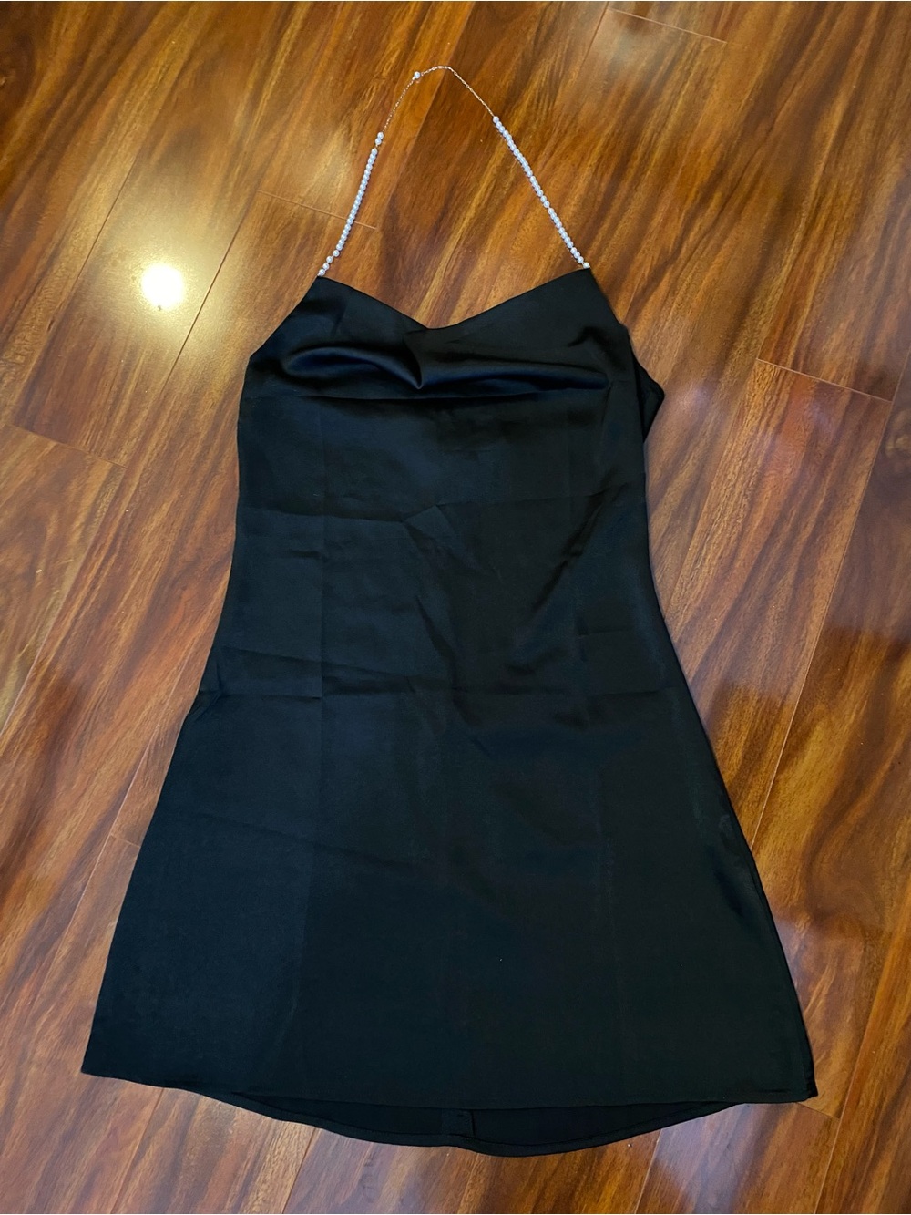 Black Satin cocktail mini Dress with Chain Pearl Straps - Picture 10 of 14